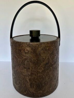 Vintage Irvinware Ice Bucket Brown Tooled Vegan Leather with Lid  Made USA